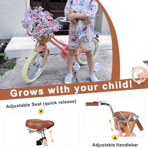 Image of Glerc Little Molly 12-20 Inch Kids Retro Cruiser Bike for 2-13 Year Old with Wicker Basket & Training Wheels /Kickstand, Multiple Colors