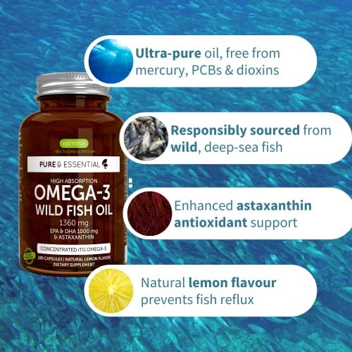Pure & Essential High Absorption Omega-3 Wild Fish Oil 1360mg, EPA DHA 1000mg & Astaxanthin 1mg, Lemon Flavour, 180 Capsules
