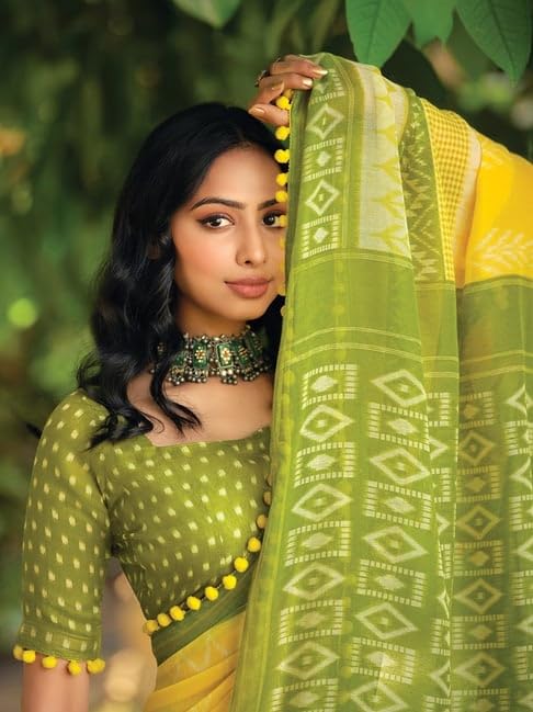 Image of Women's Linen Cotton Blend Saree Multicolor Ikat Brush Print Scalloped Border with Floral Print Unstitched Blouse Piece