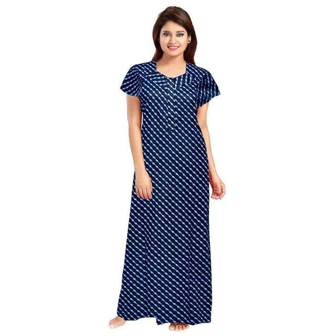Image of NILOUFO Women's Cotton Printed Maxi Nighty - Pack of 2 | Soft Ankle-Length Sleepwear Gowns for Women | Free Size Night Dresses (Blue,Maroon, Free Size)