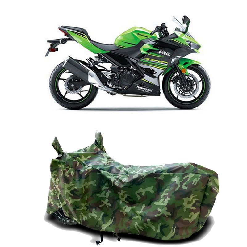 Image of DUFFEL-100% Heat Protection Two Wheeler Bike /Scooty Body Cover for Kawasaki Ninja 400 bs6 Water Resistance /UV-Rays /Birds Dropping /Scratchproof /Dust Proof /Waterproof[Green Jungle Print]