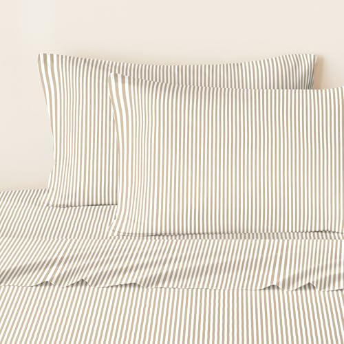Image of Wake In Cloud - Striped Bed Sheets, 4-Piece Sheet Set, Ticking Vertical Pin Stripe Modern Farmhouse Pattern Printed Bedding, Deep Pocket, Light Brown White, Twin Size