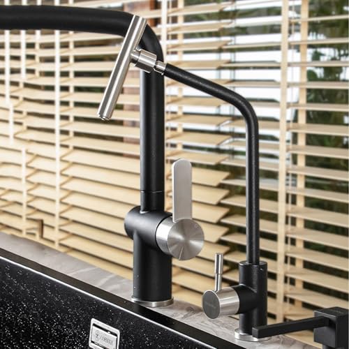 Robinet d'évier de cuisine flexible en acier inoxydable noir pour eau potable