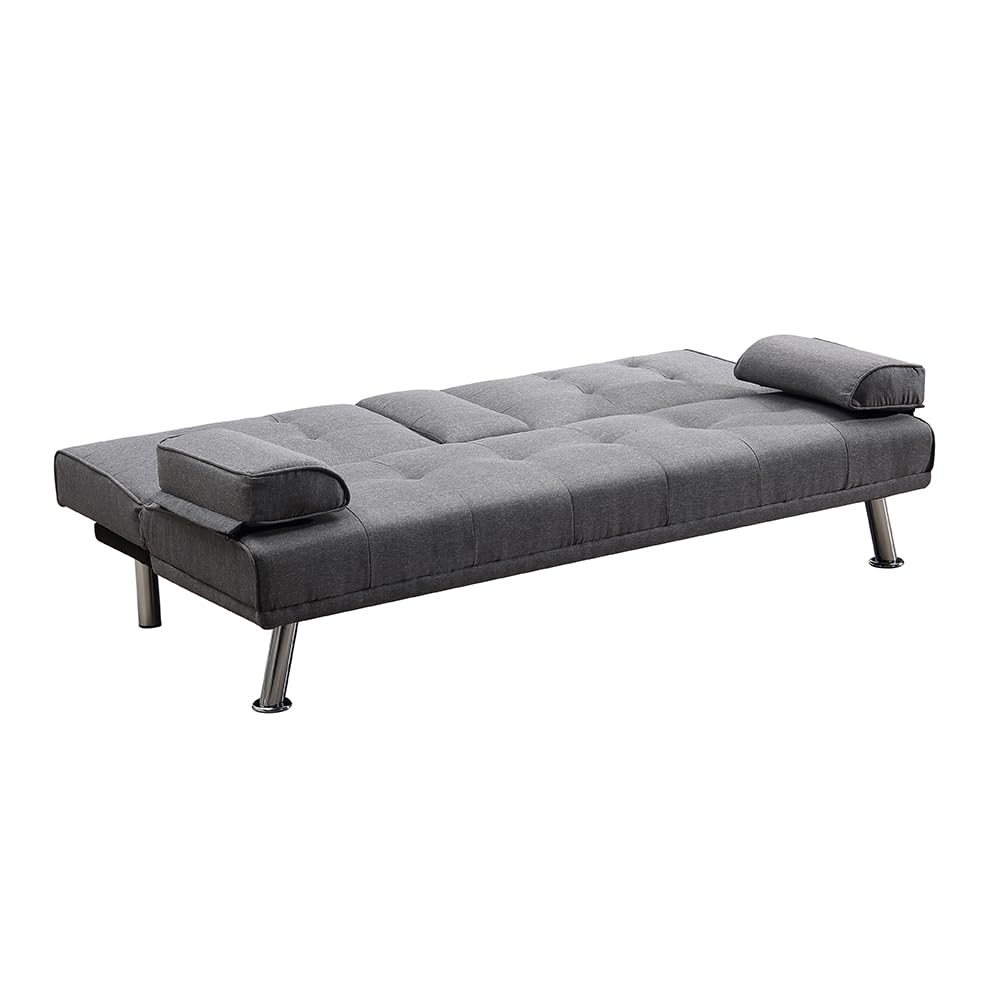BAKAJI Divano Letto Convertibile 2 in 1 con Bracciolo Portabibite, Imbottitura Ergonomica ad Alta Densità, Divanetto con Apertura Clic Clac con Gambe Cromate, Ideale per Soggiorno (Tessuto Grigio)