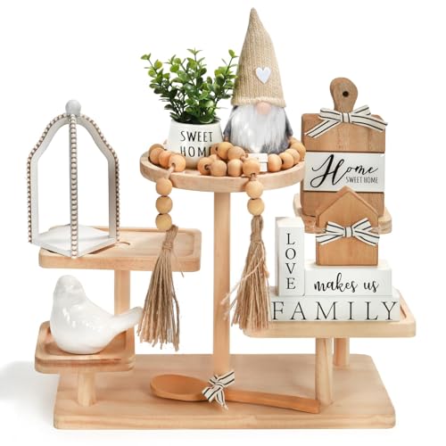 Farmhouse Tiered Tray Decor Set 8 PCS Rustic Sweet Home Tabletop Decorations with Wooden Signs Lantern Plant Gnome Bead Garland & Bird Accent Cozy Country Decorations for Home Table Kitchen Island