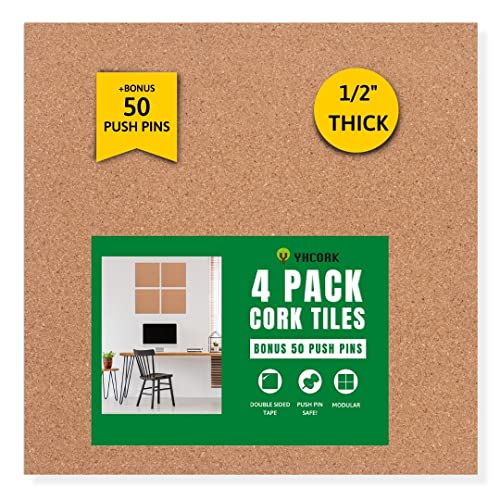 Cork Board Bulletin Board 12X12Inch,50 Push Pins, & No Frame – Pin Board For Home & Office Decor, 0.5 Inch Thick #TOP17