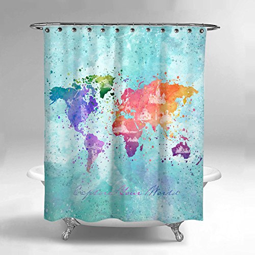 Lume.ly Colorful World Map Traveler Fabric Shower Curtain Set with Premium Hooks Rings for Bathroom, Unique Luxurious Modern Designer Vibrant Art Decor Home Decoration (Aqua Blue) (72x72 in)