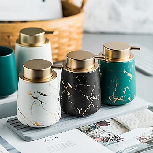 Image of Ceramic Bath Accessories Set of 3 (Luxe White) - 400ml Soap Dispenser, Tumbler & Soap Dish, White with Gold Marble Design, Bathroom Countertop Organizer for washbasin