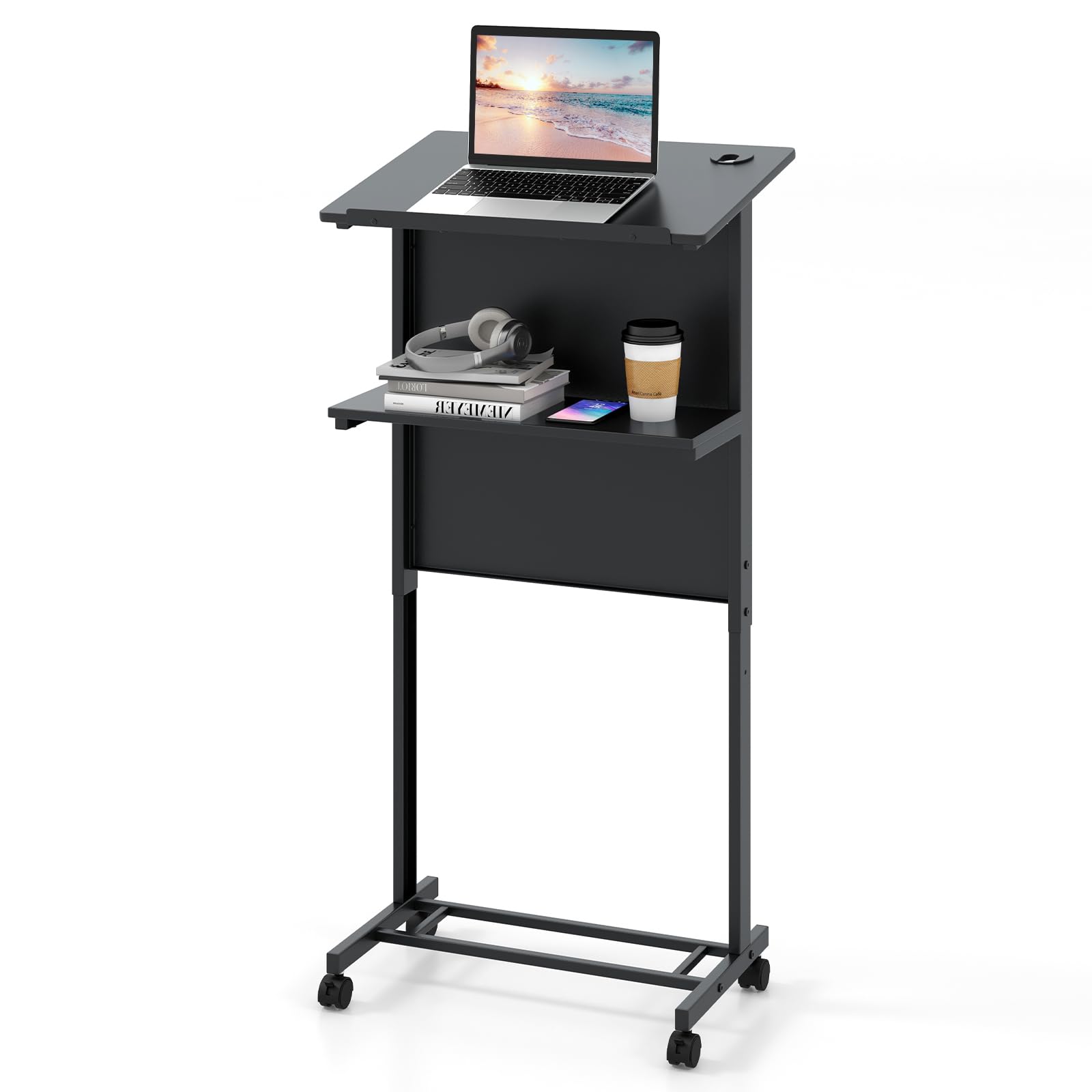COSTWAY Stehpult höhenverstellbar, Steh-Sitz Schreibtisch mit Rollen, mobiler Stehschreibtisch mit geneigter Tischplatte & Ablagefläche, Laptoptisch für Zuhause & Büro, Schwarz