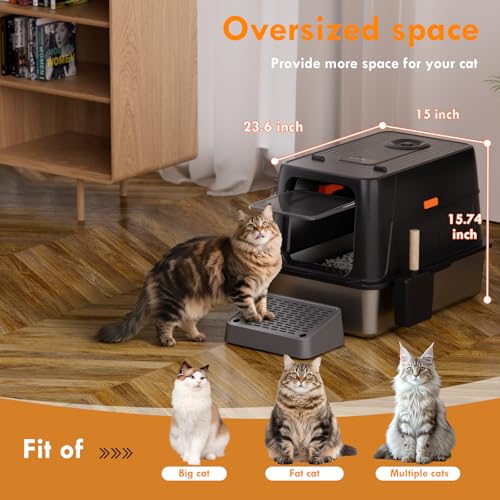 Smart Odor Control Stainless Steel Cat Litter Box with Lid, Smart Cat Litter Box with Infrared Sensor, Large Automatic Litter Boxs for Cats, 3 in 1 Design and 135° Flip-Top, Litter Scoop & Foot Pedal
