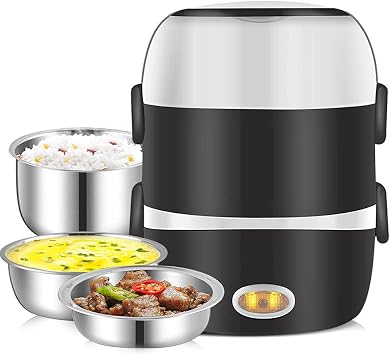 MONDAY Electric Lunch Box, 3 Layers 2L Portable Heating Bento Box Food Storage Warmer Container Rice Cooker,110V 200W, with Stainless Steel Bowls and Plate, Egg Steaming,Cup, Home Office