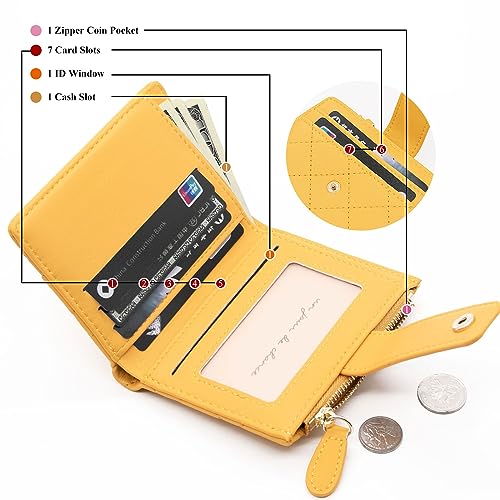 LJCZKA Small Wallet for Women Girls Bifold Zipper Card Holder Wallet Leather Pocket Mini Short Purse with ID Window (Yellow)2