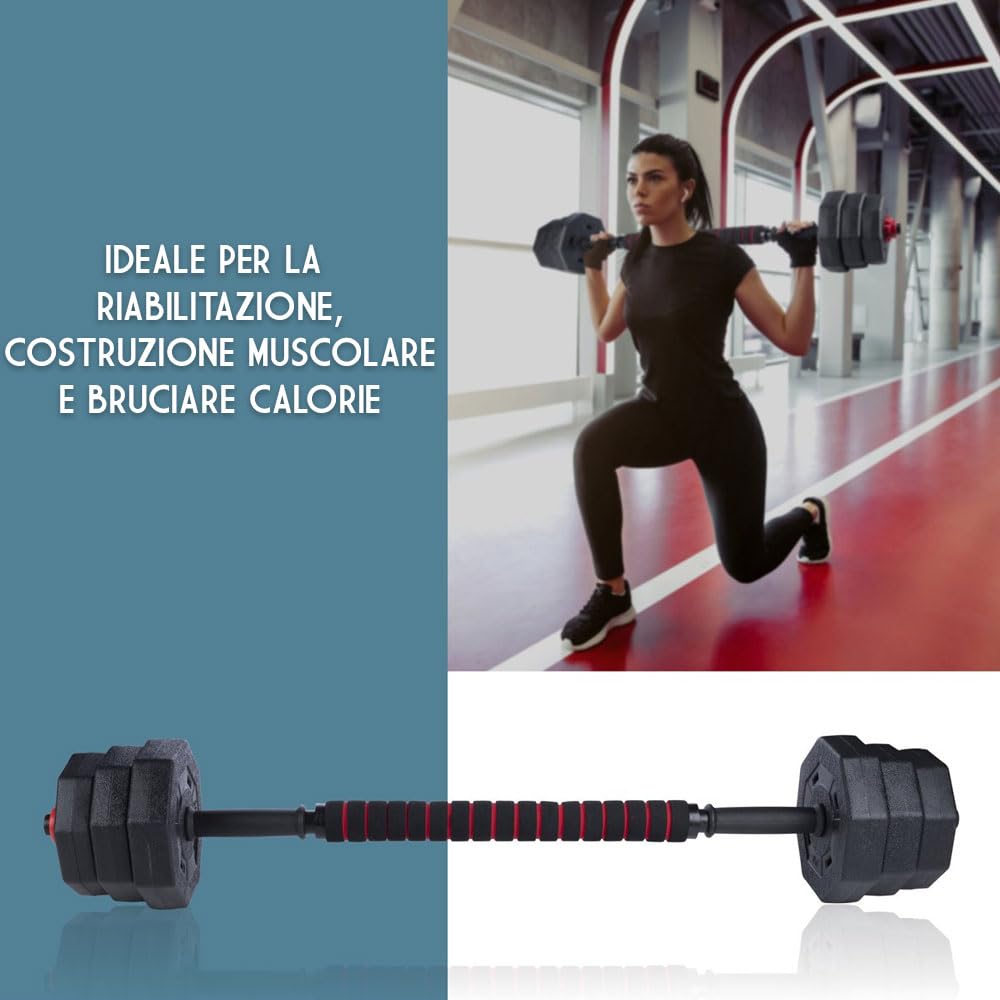 Set Manubri Convertibili in Bilanciere 19Kg Totali 12 Dischi Regolabili Impugnatura Antiscivolo Piastre di Pesi Rivestiti in Plastica Dura Riempiti Barra Lunga Allenamento Muscoli Casa Palestra