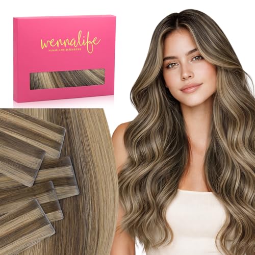 Image of WENNALIFE Invisi Edge Tape in Hair Extensions Human Hair | 14 Inch 25g 10pcs Balayage Chocolate Brown to Caramel Blonde Invisi Remy Hair tensions Seamless Injected Tape Ins Straight