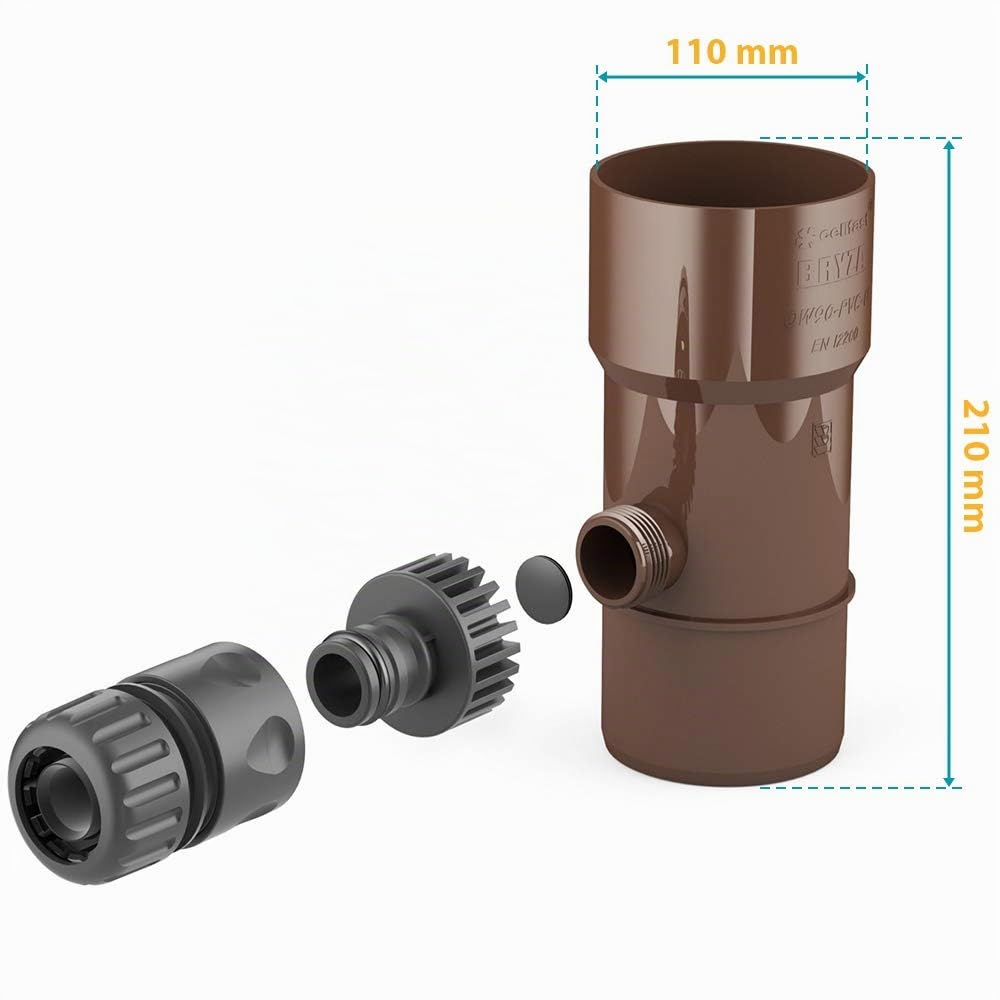 BRYZA® Dachrinne Ablauf für Regendrahverschluss DN Ø 110 mm braun | Regenwassertank Speedy Regenwassersammler für Fallrohr, Filter für Fallrohr, Gartenschlauch, Schnellanschluss