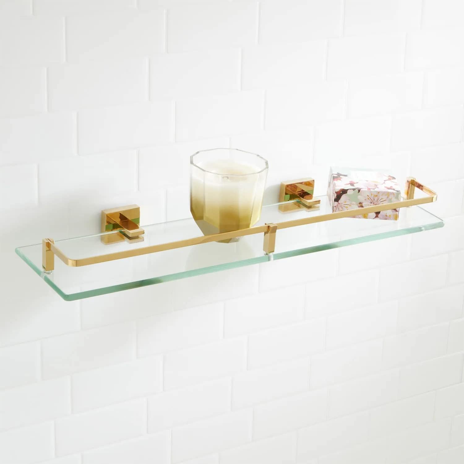 H&S Naiture Collection Tempered Glass Shelf in Polished Brass Finish