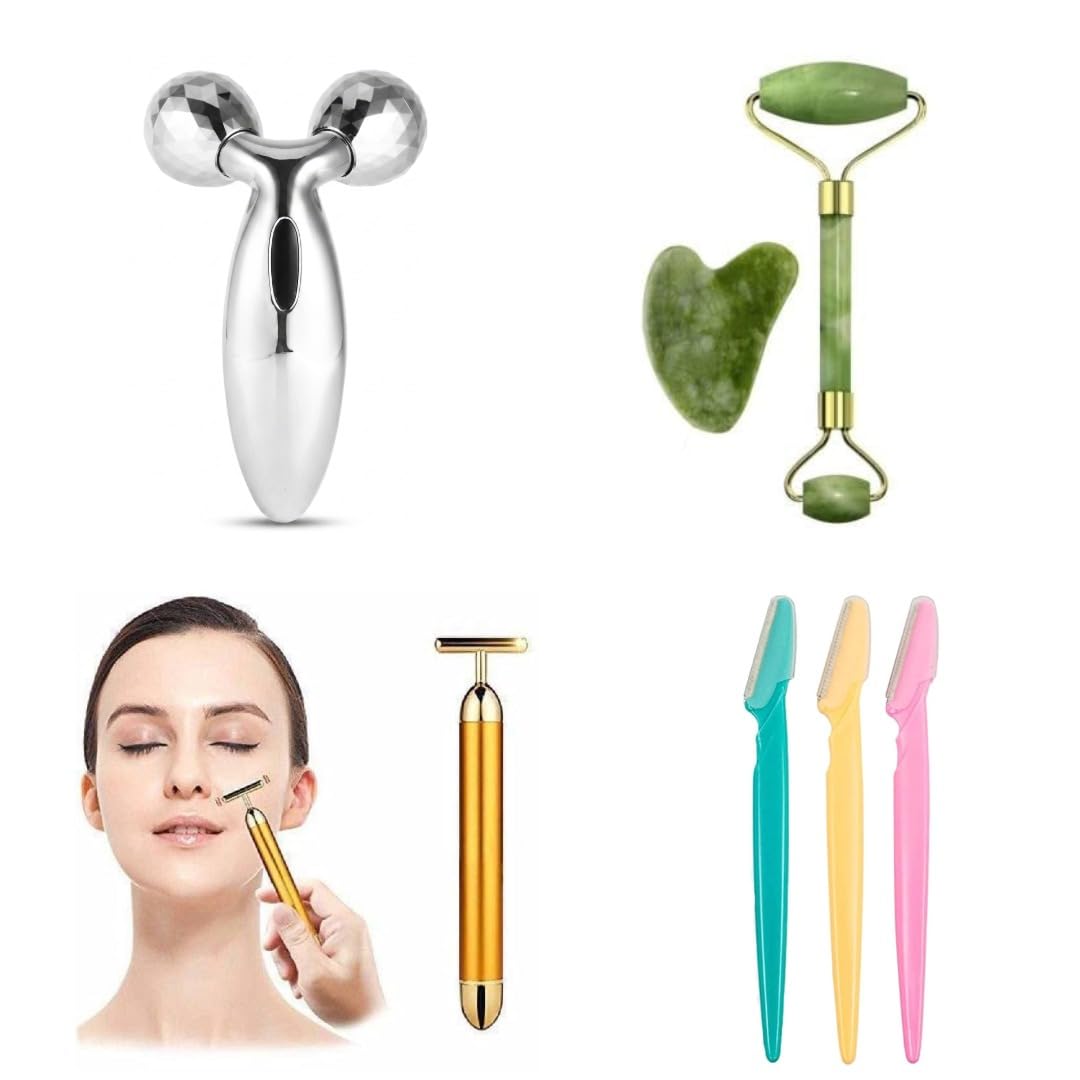 7-in-1 Premium Face Care Combo Kit | 3D Face & Body Massager, Jade Roller & Gua Sha Set, 24K Gold Energy Beauty Bar & Reusable Face Razors (3 Pcs) | Skin Tightening, Massage & Hair Removal for Women-image-37