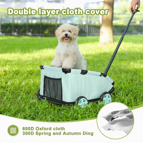 Mini-Hundewagen für Mini-Haustiere, Faltbarer multifunktionaler Einkaufswagen mit ausziehbarem Ziehgriff Im Freien, Wagon eingebautem Kissen und Sicherheitsseil mit Aufbewahrungstasche (Blaugrün)