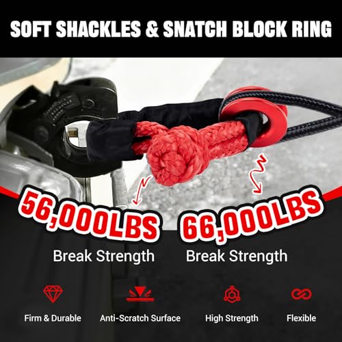 Image of BARTOO Winch Snatch 66000 LB Recovery Ring with 2 PCS Soft Shackle 1 /2 inch X 22 Inch Winch Rope, for ATV UTV SUV Truck Off-Road Vehicle Recovery Accessories, Red