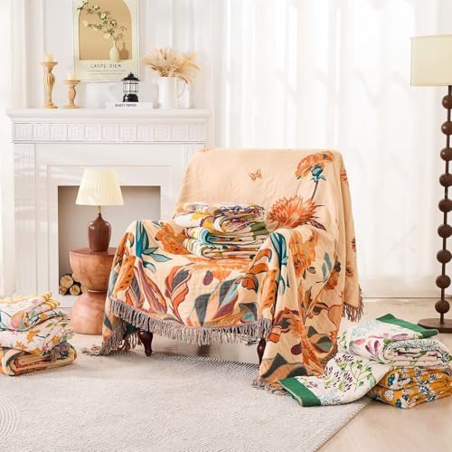 Image of XIBLC Boho Throw Blanket for Bed, 100% Cotton Soft Rustic Quilt Fall Blanket, 50 inchx60 inch Green Floral Printed Farmhouse Decor Bed Blankets, All Season Rustic Reversible Bohemian Throw Quilt