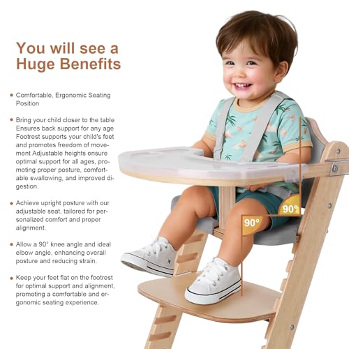 Image of Cowiewie New Upgrade 3-in-1 Convertible Wooden High Chair for Babies & Toddlers 10 Levels Adjustable 3-Tier Remove & 2 Adjustable Wood Tray, 2 Waterproof Cozy Cushions Grey