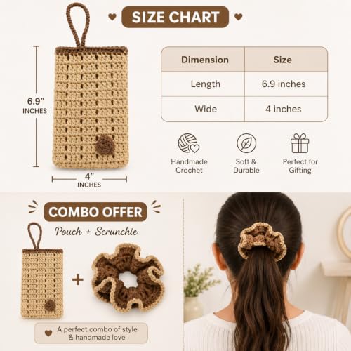 Image of Handmade Crochet Mobile Pouch for Women & Girls | Knitted Phone Holder with Wrist Strap | Cute Floral Aesthetic Mobile Cover Case | Soft Yarn Handmade Gift (lt Beige)