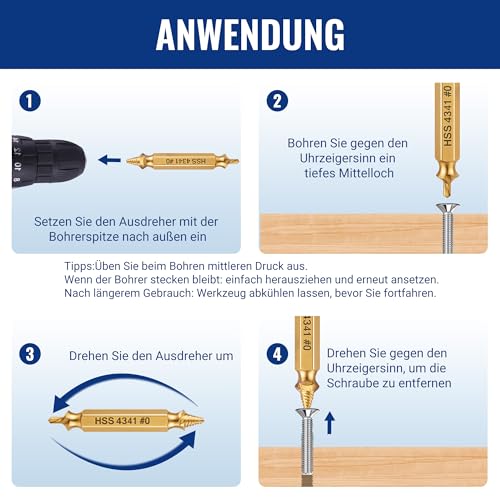 WORKPRO Schraubenausdreher Set Profi 6-teilig, Titannitrierter Linksausdreher Set aus HSS 4341 Stahl, M2-M13 Screw Extractor mit Aufbewahrungskoffer für Akkuschrauber und Bohrmaschinen, für Schrauben
