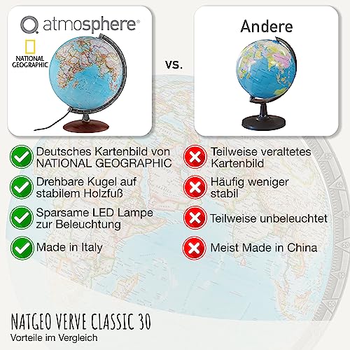 Q atmosphere® National Geographic Verve Classic Leuchtglobus - 30 cm Globus mit politisch-physischer Kartografie in deutscher Sprache, beleuchtet und mit drehabren Holzfuß und Metallmeridian