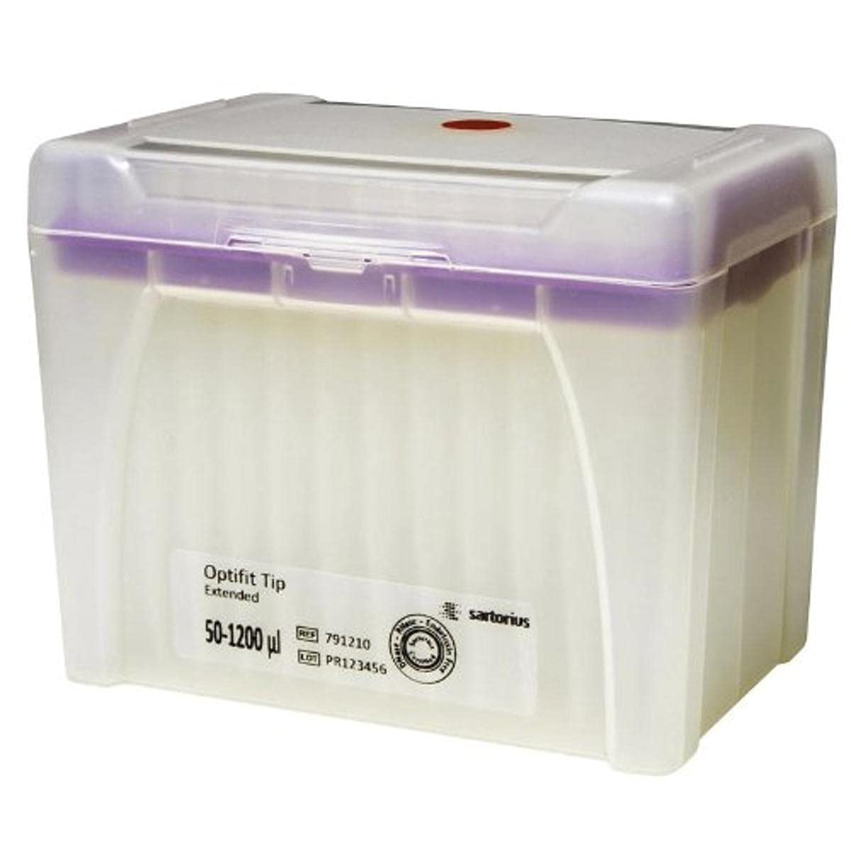 Sartorius 791210 Polypropylene Optifit Extended Pipette Tip, Single Tray, Non Sterile, Purple, 50-1200µl Volume Range, 90mm Length (Case of 960)