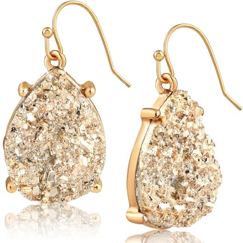 Teardrop Dangle Earrings for Women with Simulated Druzy Stones in Gold or Silver Tone - Main Image