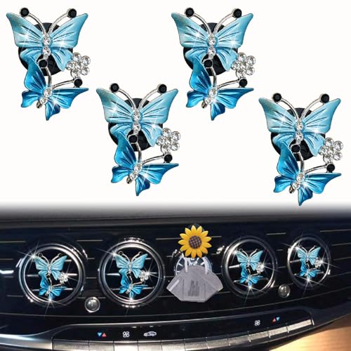 Image of 4 Pcs Butterfly Air Vent Clips, Car Vent Clips Dual Butterfly Air Vent Freshener Clip Decoration, Car Interior Decor Bling Cute Accessories Car Decoration for Women + Sunflower Mask Hook (Blue, 4)