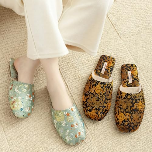 Floral Silk Embroidered Slippers Women Retro Brocade Upper Fuzzy Linen insole Soft TPR Anti-Slip Soles Indoor Slippers3