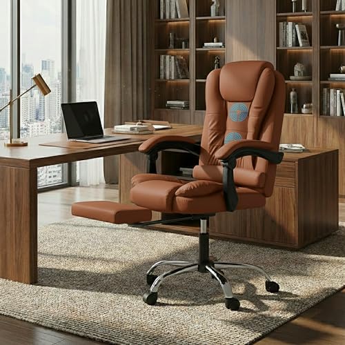 Casa Copenhagen Italia Leatherette Office Chair for Work | Boss Chair, Luxurious Cushioned Arms & Seat, 2 Point Back Massager, Adjustable Leg Rest, Heavy Duty Metal Base (Mud Brown)