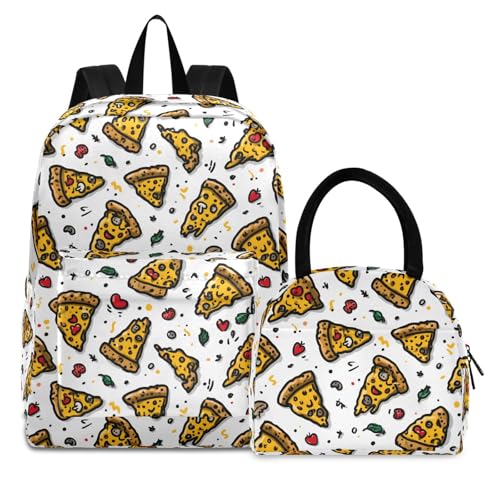 Doodle Pizza Print Backpack Set with Lunch Bag, Large Capacity Travel Backpacks and Lunch Box Insulated for Commute Hiking Picnic