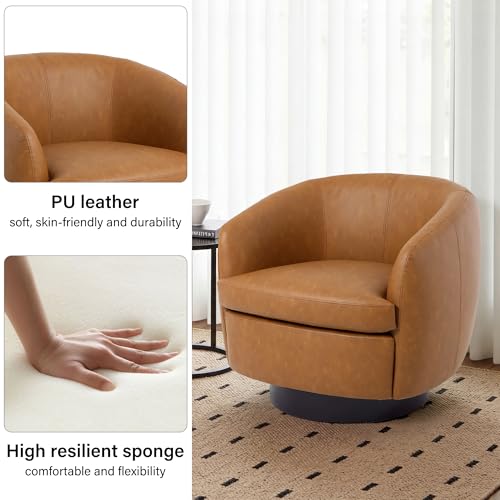 Sillón redondo giratorio de cuero sintético marrón claro miniatura 5