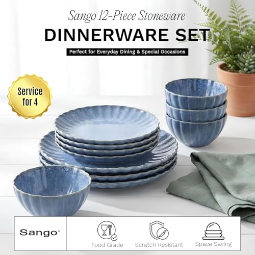 Image of 12 Pieces Stoneware Dinnerware Set, Microwave and Dishwasher Safe, for 4 | Scallop Frill Design, Chip Resistant, Ceramic, Includes Plates and Bowls