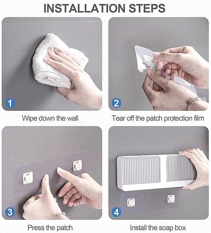 Image of STELITE Wall Mounted Soap Box with Lid | Double Grids Soap Holder for Bathroom & Shower | No-Drill Self-Adhesive Drainage Soap Dish | Durable Multi-Color Plastic Dual Soap Storage Rack (Pack of 1) inch