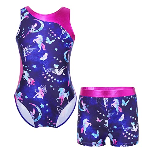 Runhomal Justaucorps Gymnastique Rythmique Fille Enfant Leotard Licorne Scintillant Brillant Justaucorps Danse Ballet Patinage Short Yoga Bodysuit 5-16 Ans Bleu Marine 5-6 Ans Cover
