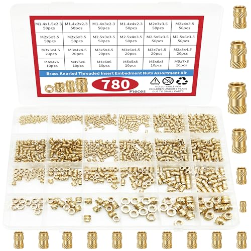 780Pcs Female Thread Knurled Nuts Brass Threaded Insert Embedment Nuts Hydraulic Welded Joint Injection Molding Assortment Kit Perfect for 3D Printing Injection Molding 6 Values M1.4 M2 M2.5 M3 M4 M5