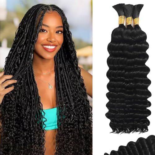 Deep Wave Bulk Human Braiding Hair for Boho Braids Water Wave 100% Human Hair for Boho Braiding Hair Crochet Wavy Curly Hair Extensions Bohemian Micro Braiding 3 Bundles 110g Natural Color 12 Inch