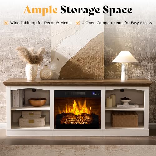 AMERLIFE 70 Inch Fireplace TV Stand for TVs up to 80\", Farmhouse Entertainment Center with 23\" Electric Fireplace One-Box Delivery, Media Console Table with Storage for Living Room, Distressed White - Thumbnail 6