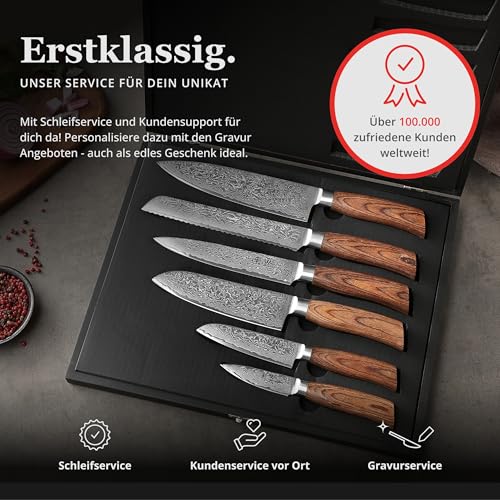 Foto von Wakoli EDIB Pro Damastmesser-Set | 6-teilig, 8–20 cm aus 67 Lagen Damaststahl mit VG10-Kern | ergonomische Pakkaholzgriffe | für Fleisch, Fisch & Gemüse | in Holzbox für Profi- & Hobbyköche