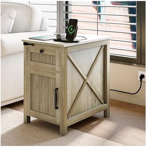 Nightstand with Charging Station,Industrial/Farmhouse End Table with Drawers & Cabinet,Side Table with Door and Storage Shelf,Side Tables for Living Room,Bedroom,Office Cover