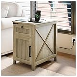 JOINICE Nightstand with Charging Station,Farmhouse End Table with Drawers and Cabinet,Industrial Side Table with Door and Storage Shelf,for Living Room,Bedroom,Office,Light Rustic Oak