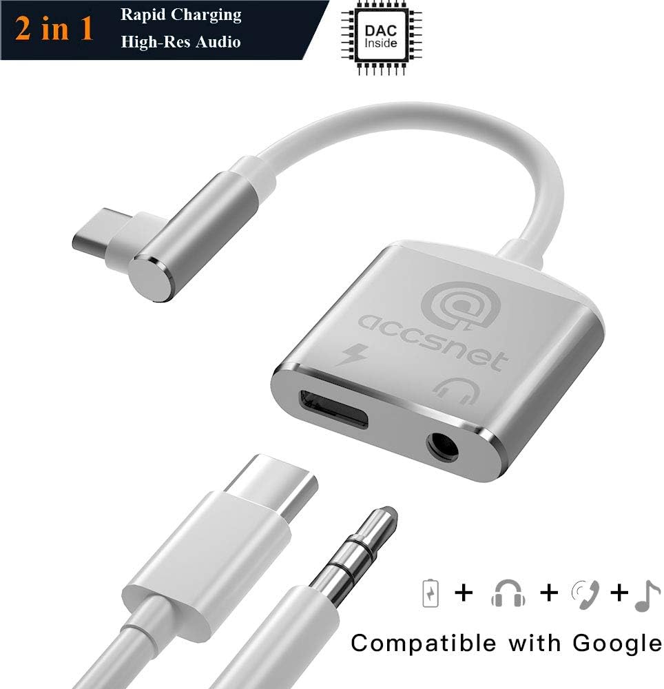 2 in 1L-Bending USB C to 3.5mm Headphone Adapter and Fast Charging Compatible for Google Pixel3/2/2L, Essential Phone,Sony XZ2,Hi-Resolution and Noise Reduction Type C 90 Degree Adapter DAC