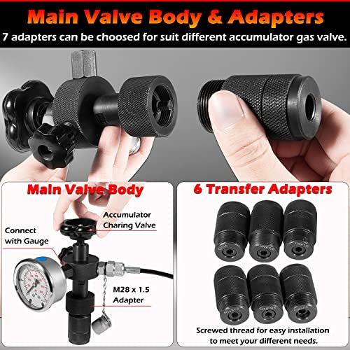 Image of GK-01 Hydraulic Accumulator Nitrogen Charging System with 7 Couplings, 3 Pressure Gauges 1 Gas Hose and 1 Main Valve Body, Nitrogen Pressure Test Kit, Gas Charging Tools