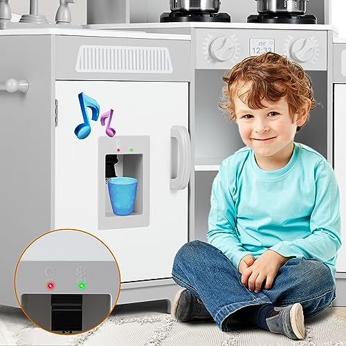 JOYLDIAS Kids Play Kitchen,Corner Wooden Pretend Toddler Kitchen Toys Playset, Realistic Lights & Sounds,Microwave Oven,Water Dispenser, Phone, Sink,Cooking Accessories, for Toddlers Ages 3+, White - Thumbnail 5