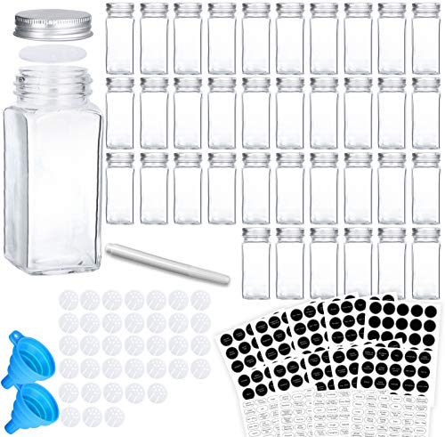 VERONES 36 Glass Spice Jars with 662 Spice Labels, Chalk Marker and Funnel Complete Set. 36 Square Glass Jars 4 OZ, Airtight Cap, Pour/sift Shaker Lid