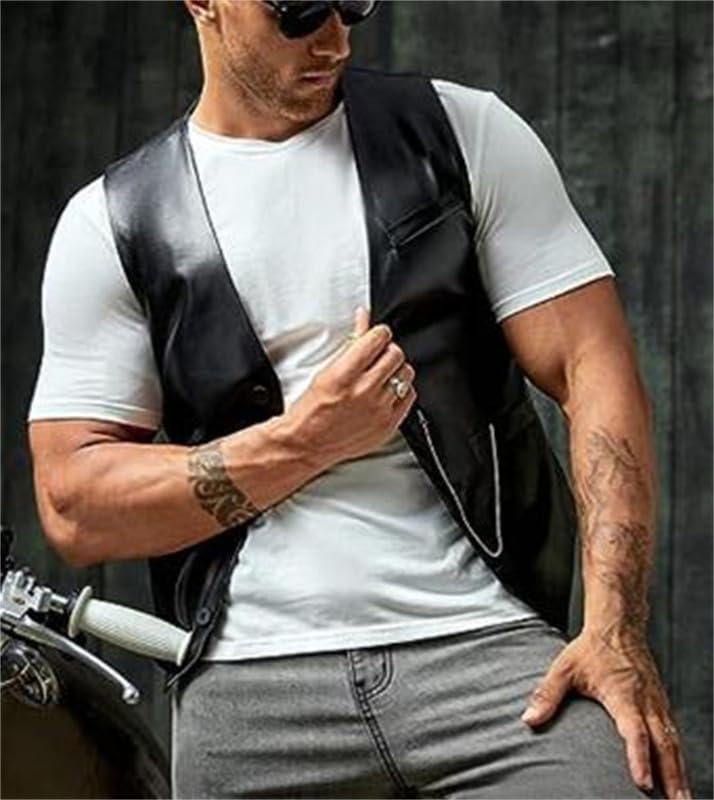 Gilet da Uomo in Pelle Nera PU Slim, Gilet di Colore Solido alla Moda e Casual