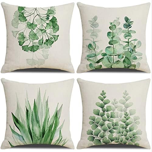 Eeatour Green Plant Linen Throw Pillow Covers Set of 4 Decorative Green Succulent Leaves Square Pillow Cases 18x18 Inches Farmhouse Spring Green Plants Cushion Covers for Sofa Couch Home Decoration